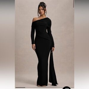 Club L London Black One-Shoulder Ruched Gown
